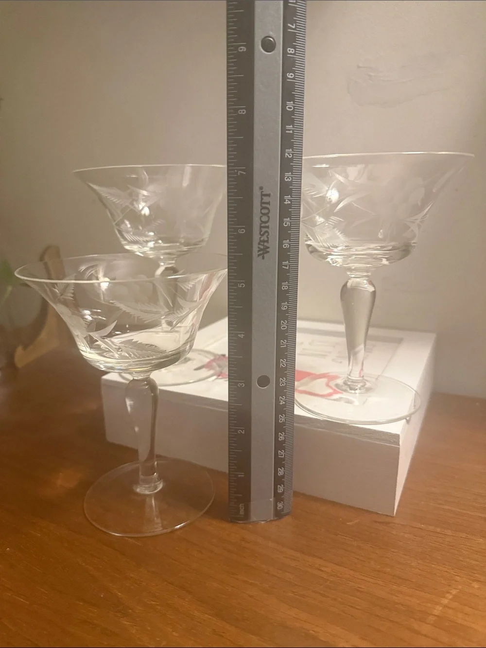 Vintage Glass Set of three Etched Goblets  Cornflower & Palm Leaf Design